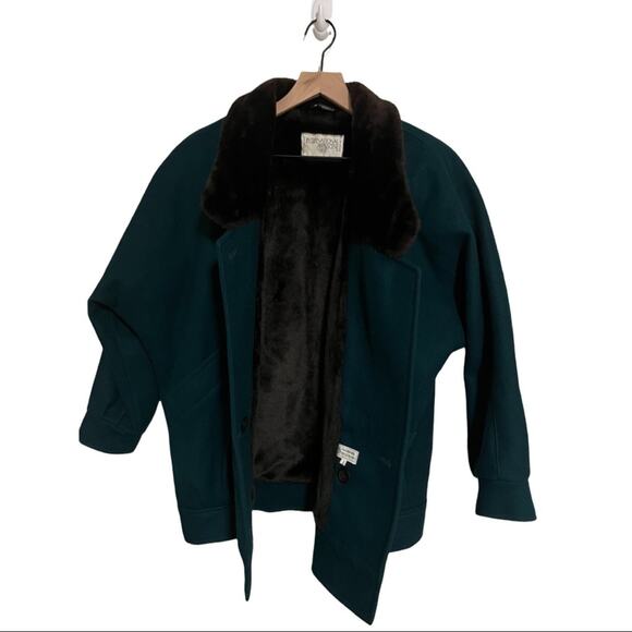 Vintage International Scene Dark Green 100% Wool Coat w/ Faux Fur Lining - Picture 5 of 6